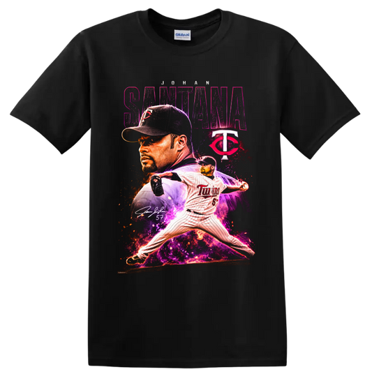Johan Santana Minnesota Twins pitcher portrait and action graphic with number 57 on a Black T Shirt