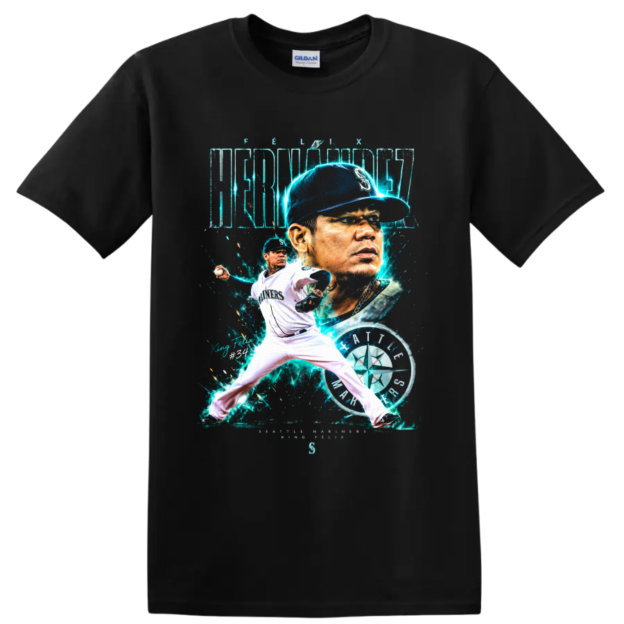 Félix Hernández Seattle Mariners portrait and pitching graphic with King Félix No. 34 on a Black T Shirt