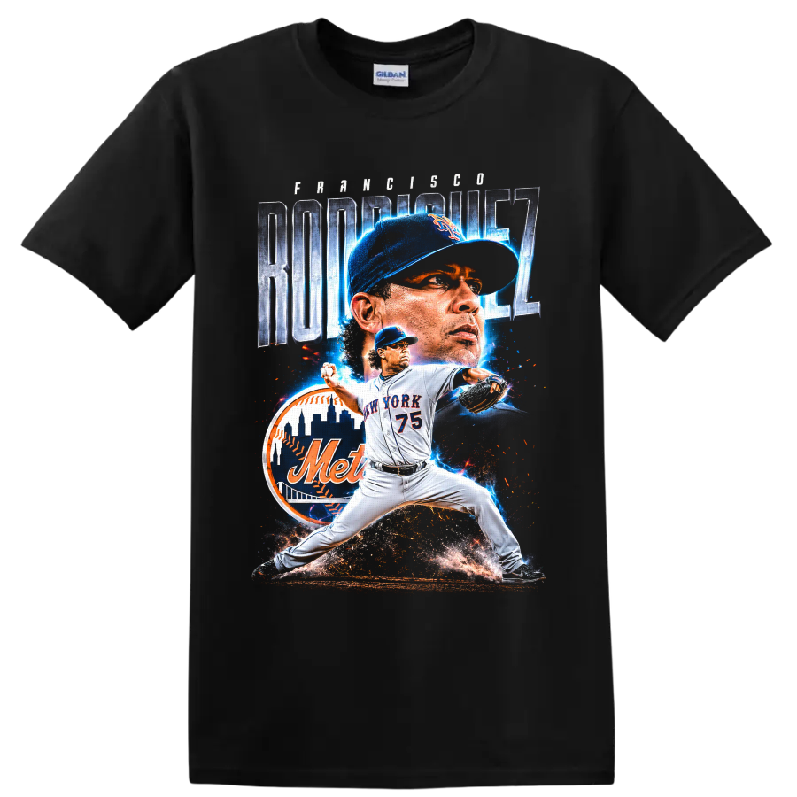 Francisco Rodríguez Mets pitcher action graphic with number 75 and New York skyline on a Black T Shirt