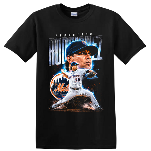 Francisco Rodríguez Mets pitcher action graphic with number 75 and New York skyline on a Black T Shirt
