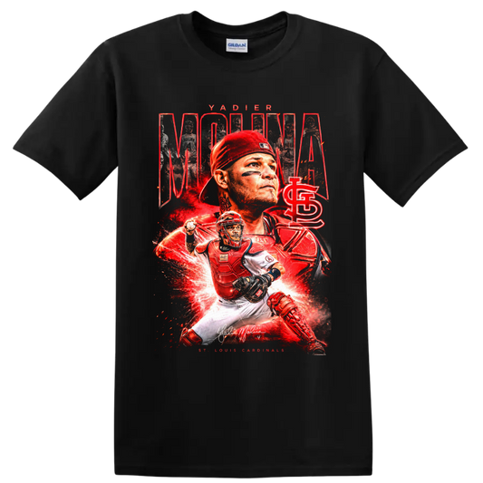 Yadier Molina St. Louis Cardinals catcher collage with red energy effects on a Black T Shirt