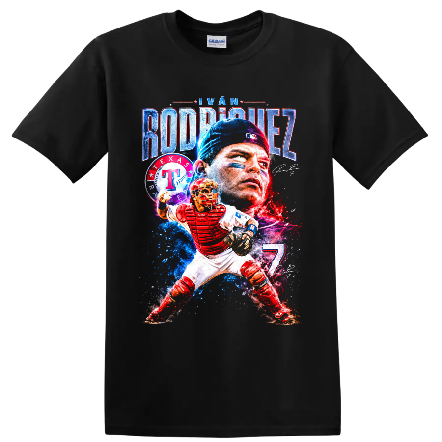 Iván Rodríguez Texas Rangers catcher portrait and action graphic with number 7 on a Black T Shirt