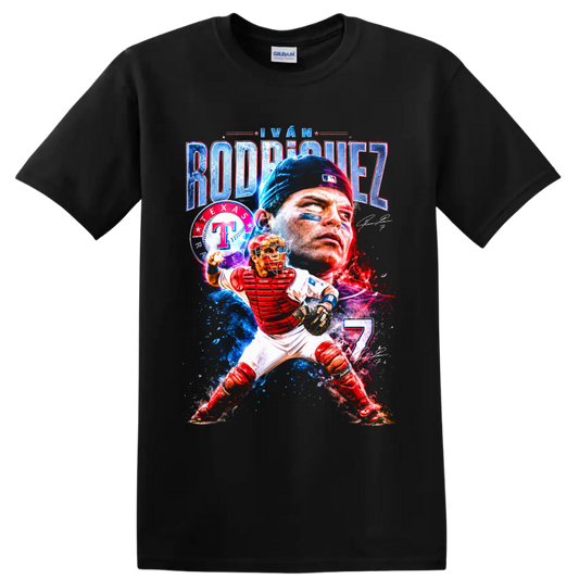 Iván Rodríguez Texas Rangers catcher portrait and action graphic with number 7 on a Black T Shirt