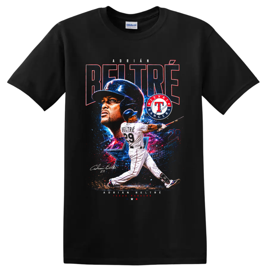 Adrián Beltré Texas Rangers batting collage with number 29 and distressed team graphics on a Black T Shirt