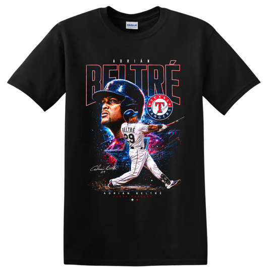 Adrián Beltré Texas Rangers batting collage with number 29 and distressed team graphics on a Black T Shirt