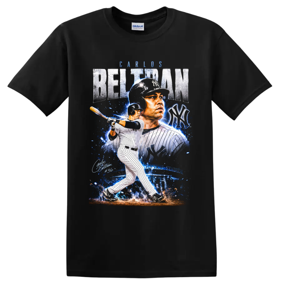 Carlos Beltrán Yankees pinstripe batting collage with BELTRAN text, NY emblem, and #36 on a Black T Shirt