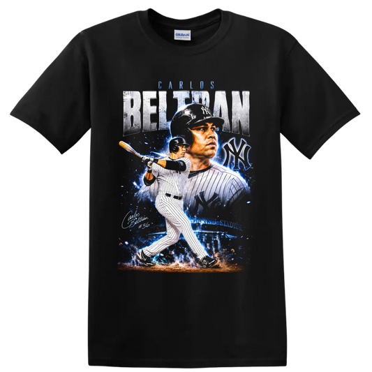 Carlos Beltrán Yankees pinstripe batting collage with BELTRAN text, NY emblem, and #36 on a Black T Shirt