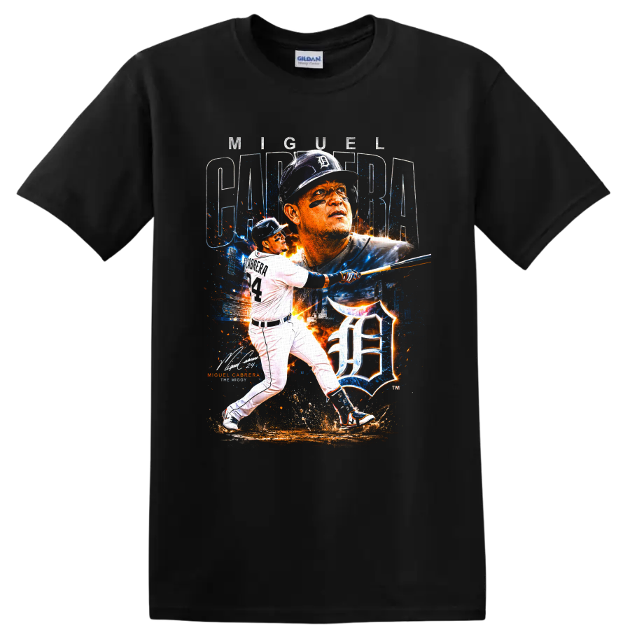 Miguel Cabrera Detroit Tigers batting portrait with Old English D splatter graphic on a Black T Shirt