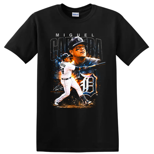 Miguel Cabrera Detroit Tigers batting portrait with Old English D splatter graphic on a Black T Shirt
