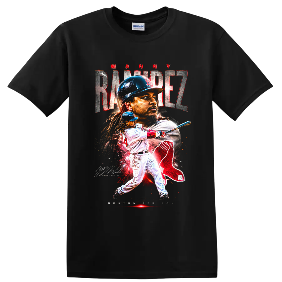 Manny Ramirez Boston Red Sox portrait and batting graphic with number 24 on a Black T Shirt