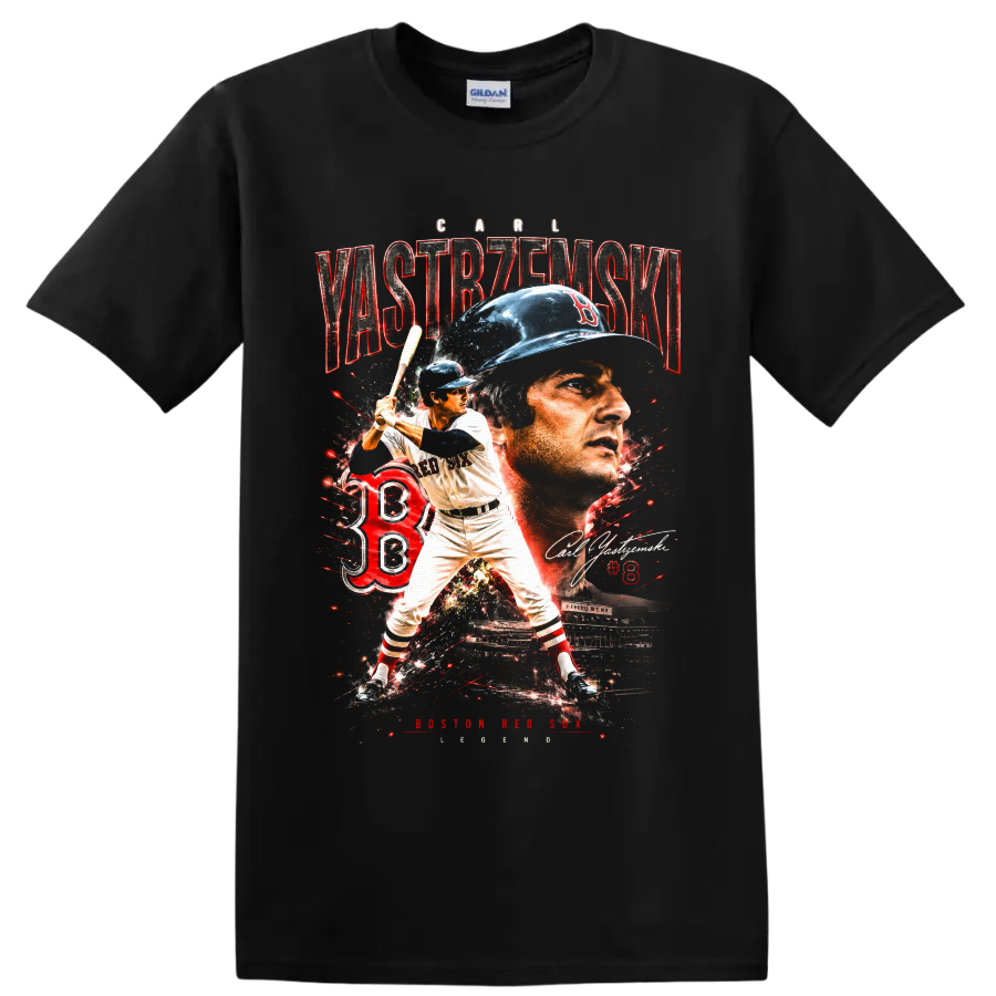 Carl Yastrzemski Boston Red Sox portrait and batting action vintage collage on a Black T Shirt