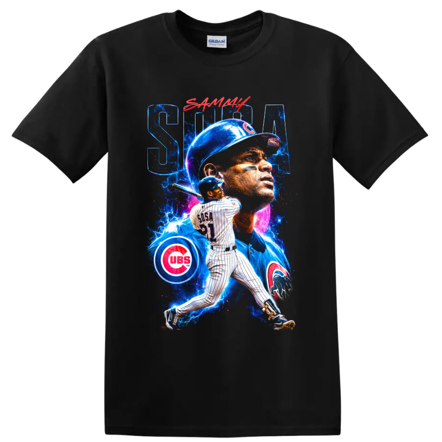 Sammy Sosa Chicago Cubs batting portrait collage with electric blue cosmic splashes on a Black T Shirt