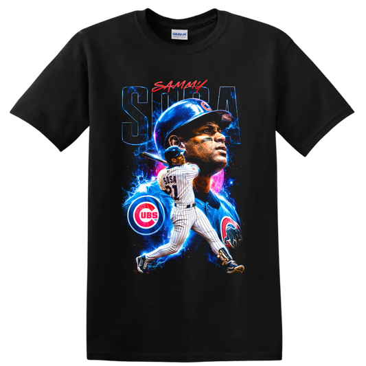 Sammy Sosa Chicago Cubs batting portrait collage with electric blue cosmic splashes on a Black T Shirt