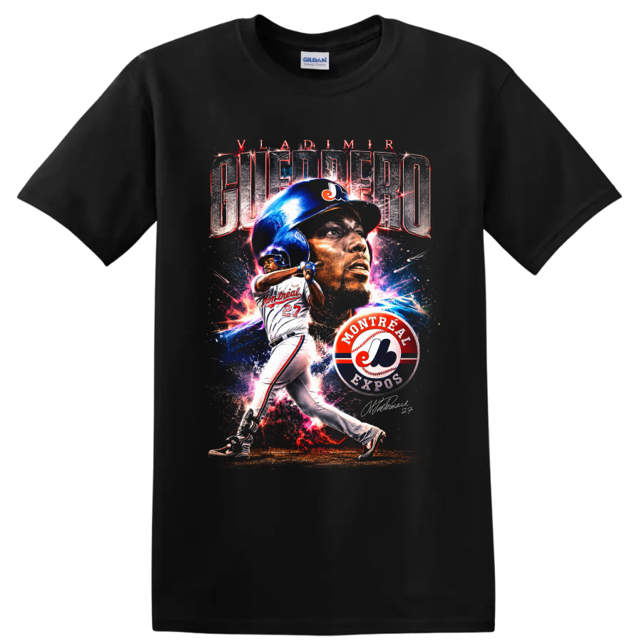 Vladimir Guerrero Montreal Expos portrait and batting graphic with number 27 on a Black T Shirt