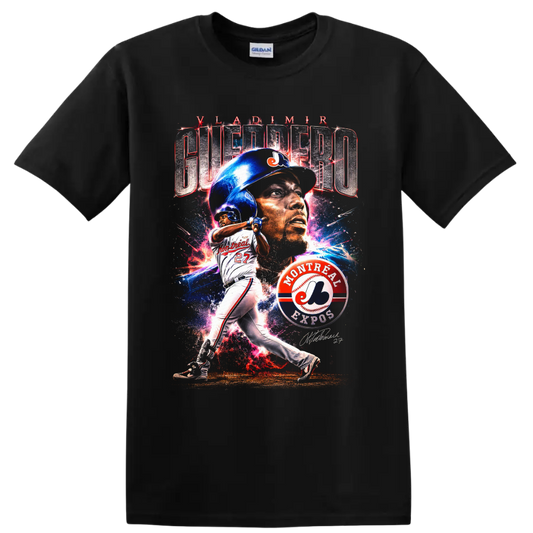Vladimir Guerrero Montreal Expos portrait and batting graphic with number 27 on a Black T Shirt