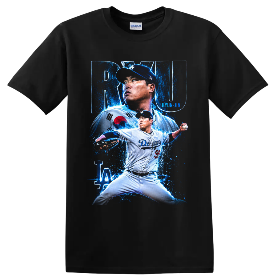 Hyun Jin Ryu Dodgers pitcher collage with Korean flag and electric blue splashes on a Black T Shirt