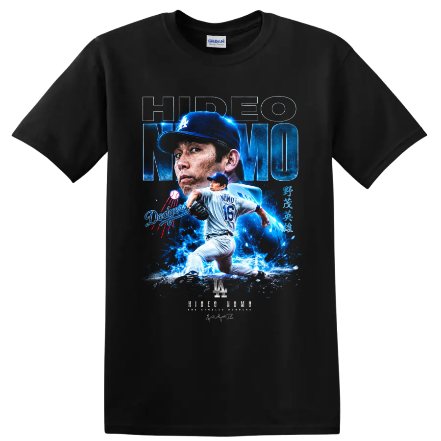 Hideo Nomo Dodgers pitcher portrait and number 16 action graphic on a Black T Shirt
