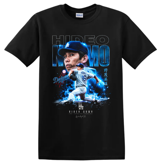Hideo Nomo Dodgers pitcher portrait and number 16 action graphic on a Black T Shirt