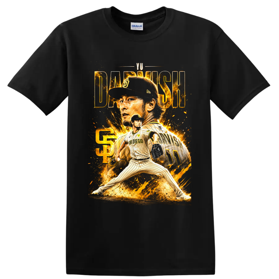 Yu Darvish Padres pitcher collage with gold sparks, action pose, and number 11 jersey on a Black T Shirt