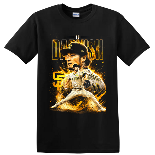 Yu Darvish Padres pitcher collage with gold sparks, action pose, and number 11 jersey on a Black T Shirt