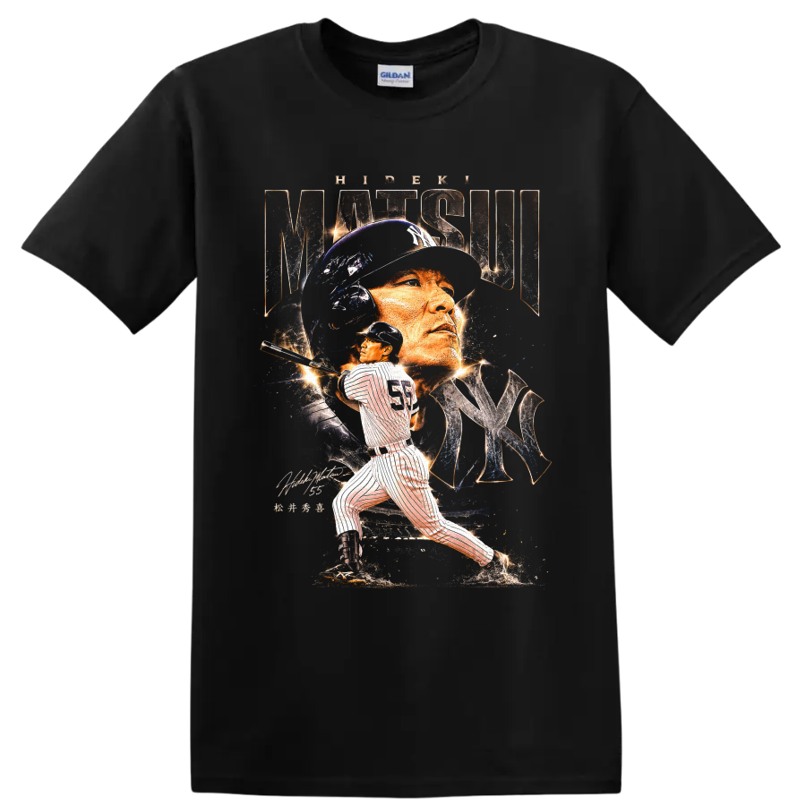 Hideki Matsui Yankees portrait and batting action in distressed baseball poster art on a Black T Shirt