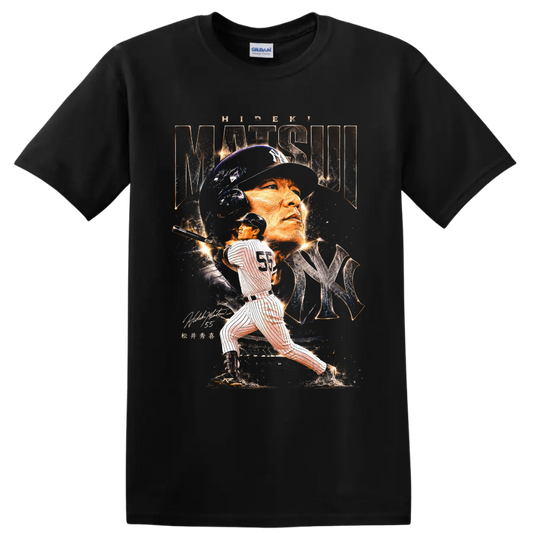 Hideki Matsui Yankees portrait and batting action in distressed baseball poster art on a Black T Shirt