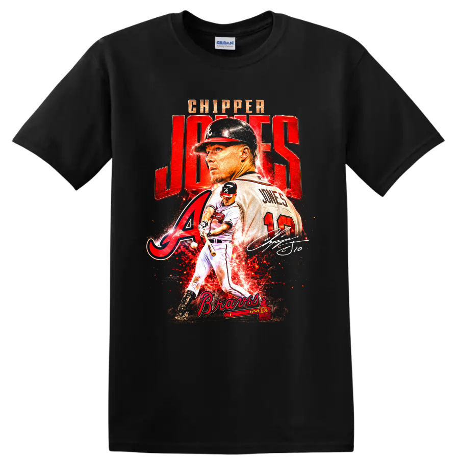 Chipper Jones Atlanta Braves portrait and batting action graphic with number 10 on a Black T Shirt