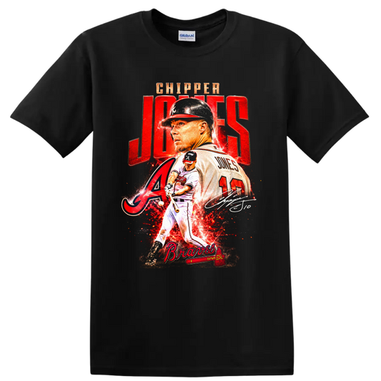 Chipper Jones Atlanta Braves portrait and batting action graphic with number 10 on a Black T Shirt