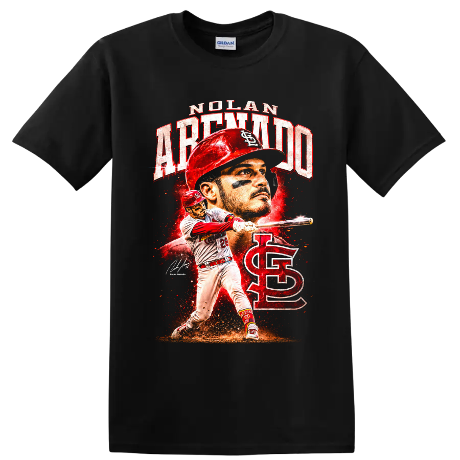 Nolan Arenado Cardinals batting portrait and action graphic with distressed red lettering on a Black T Shirt