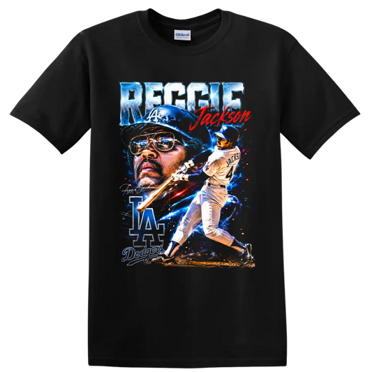 Reggie Jackson Dodgers portrait and batting collage with LA logo and number 14 on a Black T Shirt