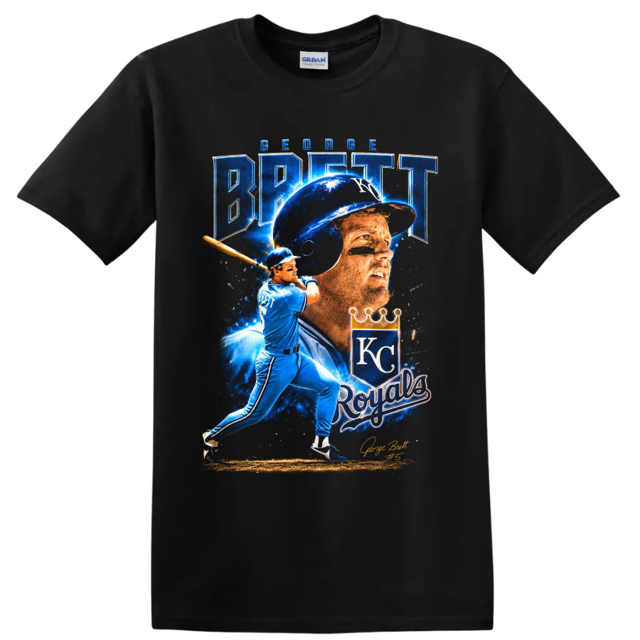 George Brett Kansas City Royals portrait and batting graphic with KC crown on a Black T Shirt