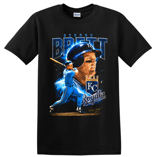 George Brett Kansas City Royals portrait and batting graphic with KC crown on a Black T Shirt