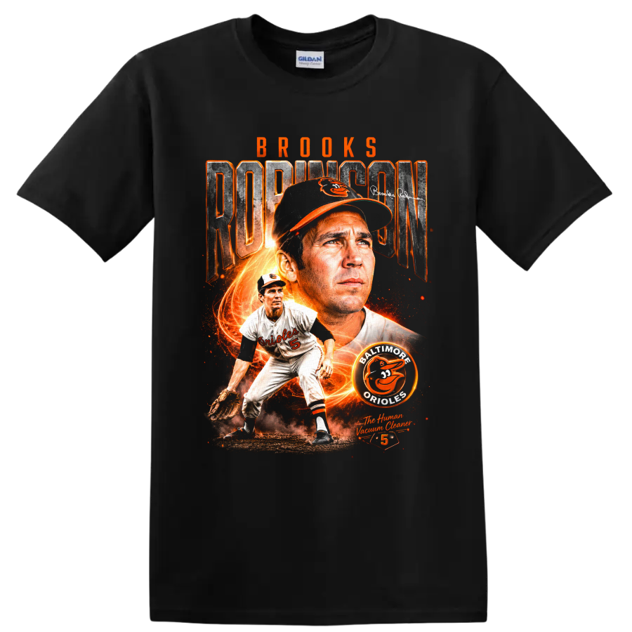 Brooks Robinson Baltimore Orioles vintage baseball collage with number 5 and fiery orange on a Black T Shirt