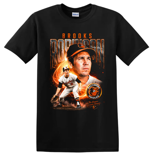 Brooks Robinson Baltimore Orioles vintage baseball collage with number 5 and fiery orange on a Black T Shirt