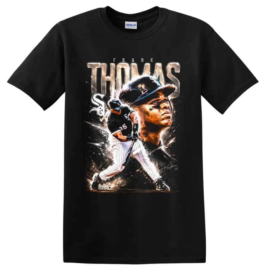 Frank Thomas Chicago White Sox portrait and batting action baseball collage graphic on a Black T Shirt