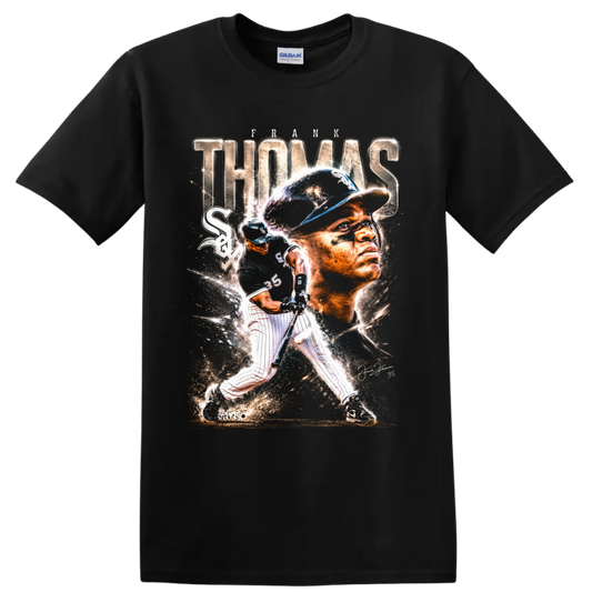 Frank Thomas Chicago White Sox portrait and batting action baseball collage graphic on a Black T Shirt