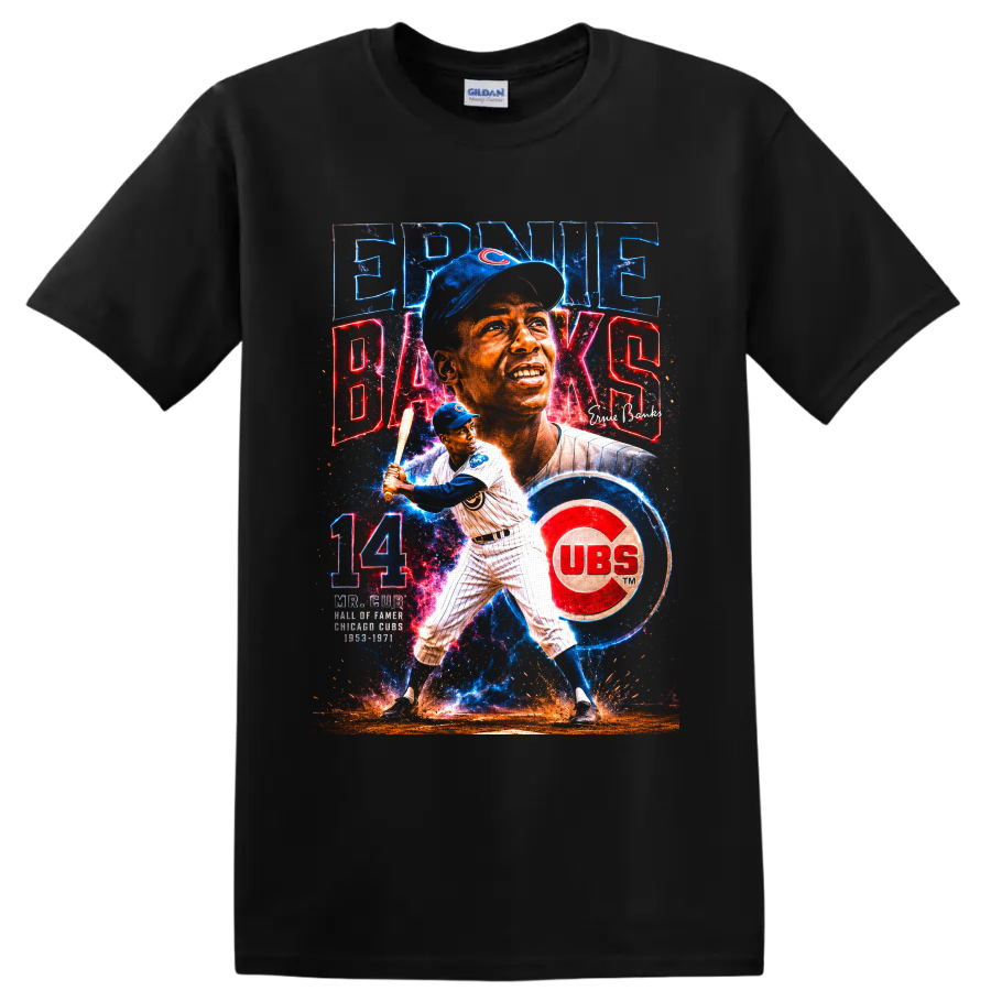 Ernie Banks Chicago Cubs Mr. Cub portrait and batting graphic with number 14 on a Black T Shirt