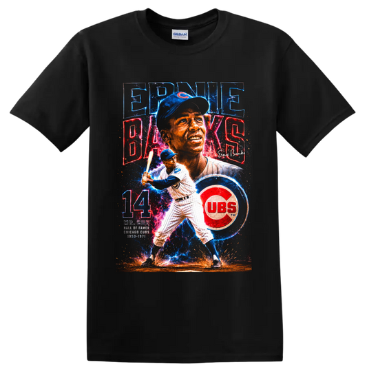 Ernie Banks Chicago Cubs Mr. Cub portrait and batting graphic with number 14 on a Black T Shirt