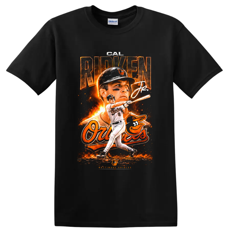 Cal Ripken Jr. Baltimore Orioles fiery vintage-style batting and portrait graphic on a Black T Shirt