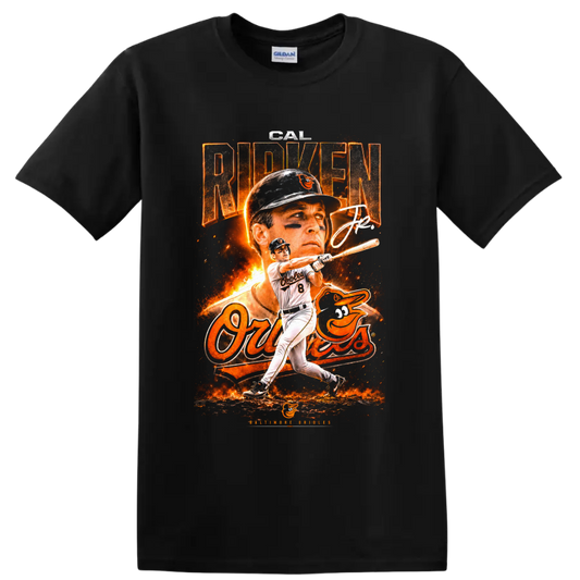 Cal Ripken Jr. Baltimore Orioles fiery vintage-style batting and portrait graphic on a Black T Shirt