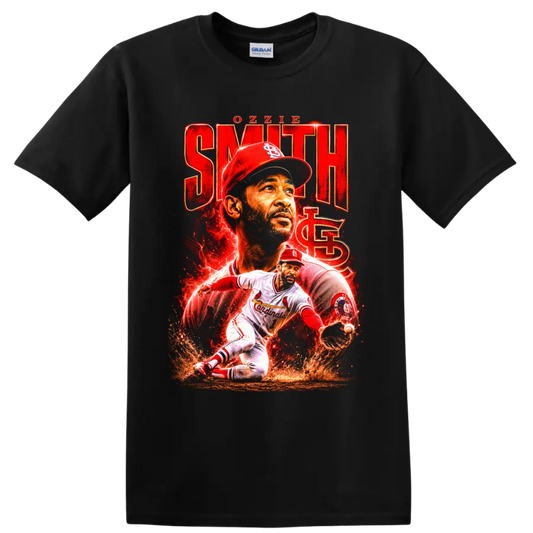 Ozzie Smith St. Louis Cardinals portrait and fielding baseball tribute graphic on a Black T Shirt