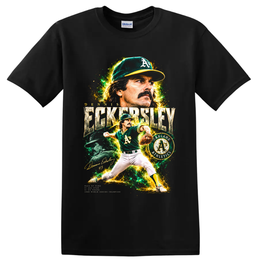 Dennis Eckersley Oakland Athletics pitcher collage with vintage baseball lettering on a Black T Shirt