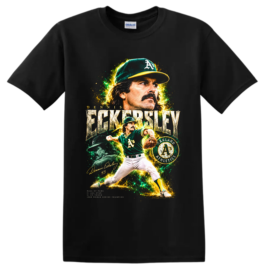 Dennis Eckersley Oakland Athletics pitcher collage with vintage baseball lettering on a Black T Shirt