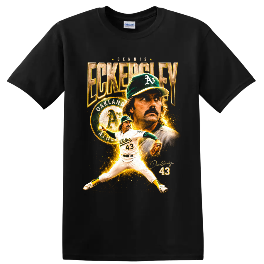 Dennis Eckersley Oakland Athletics number 43 pitcher collage with vintage gold text on a Black T Shirt