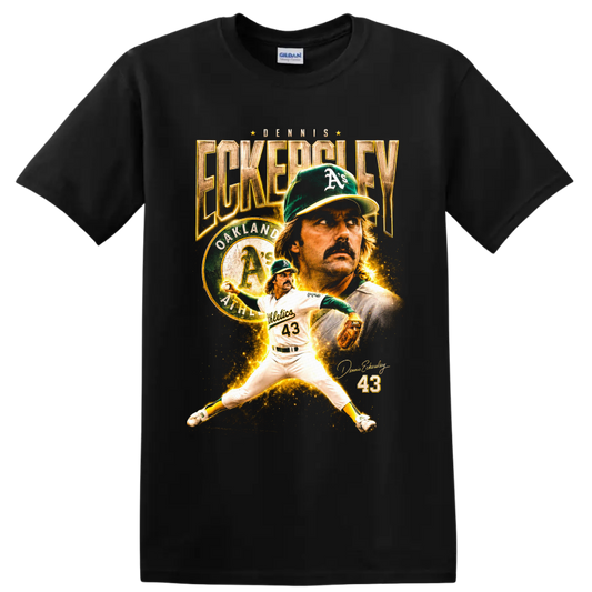 Dennis Eckersley Oakland Athletics number 43 pitcher collage with vintage gold text on a Black T Shirt