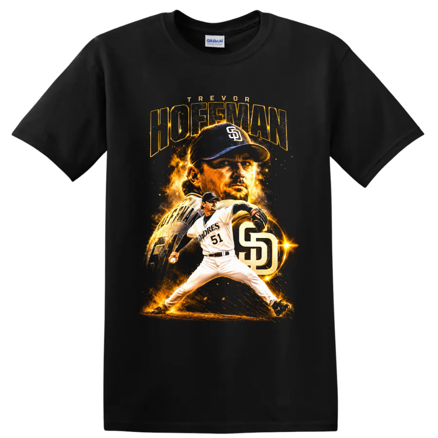 Trevor Hoffman Padres number 51 pitching graphic with fiery portrait and SD monogram on a Black T Shirt