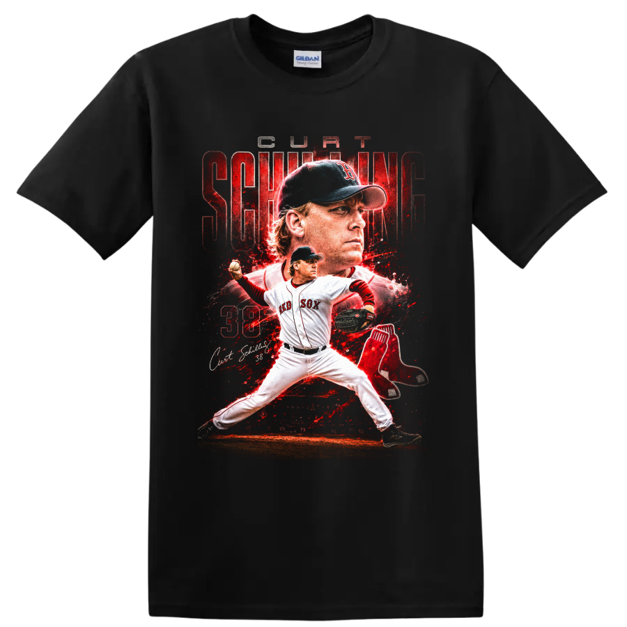 Curt Schilling Red Sox pitcher collage with number 38 and distressed red sports art on a Black T Shirt