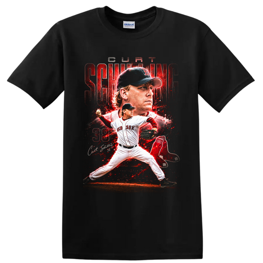 Curt Schilling Red Sox pitcher collage with number 38 and distressed red sports art on a Black T Shirt