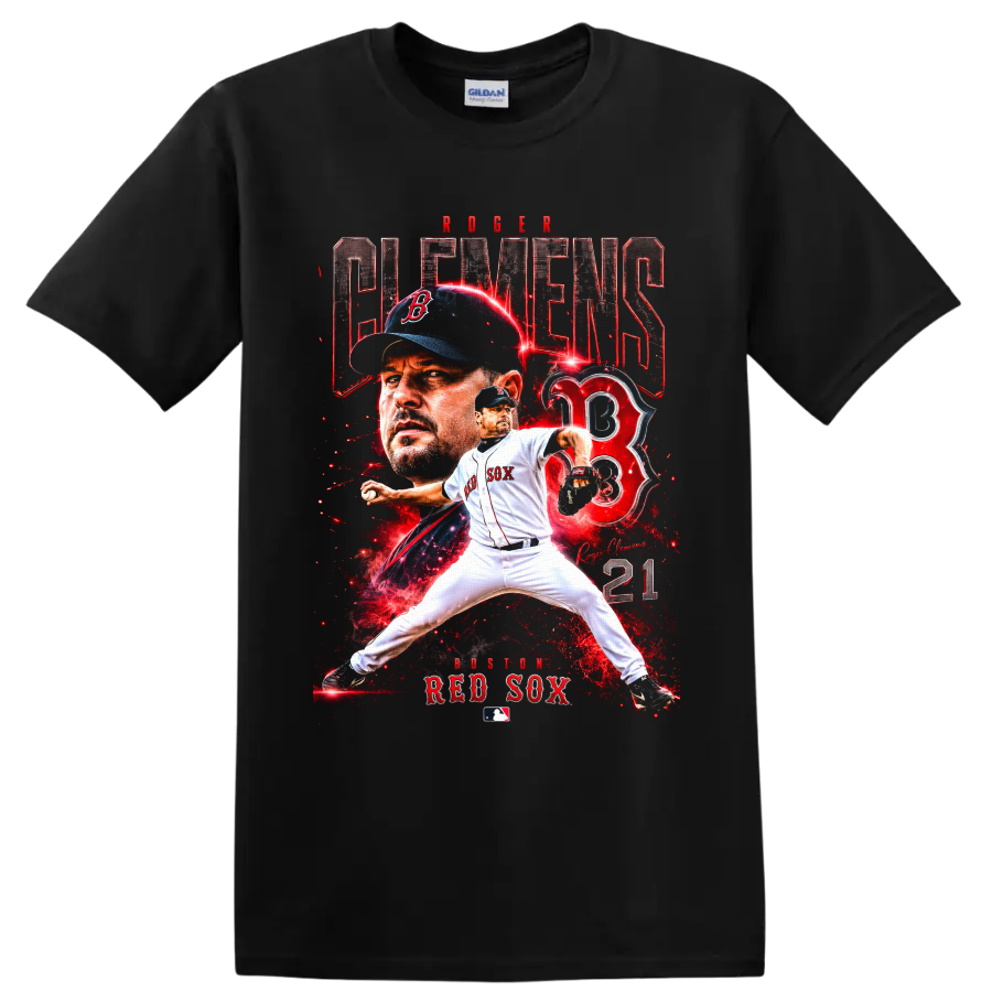 Roger Clemens Boston Red Sox pitcher collage with number 21 and red lightning on a Black T Shirt