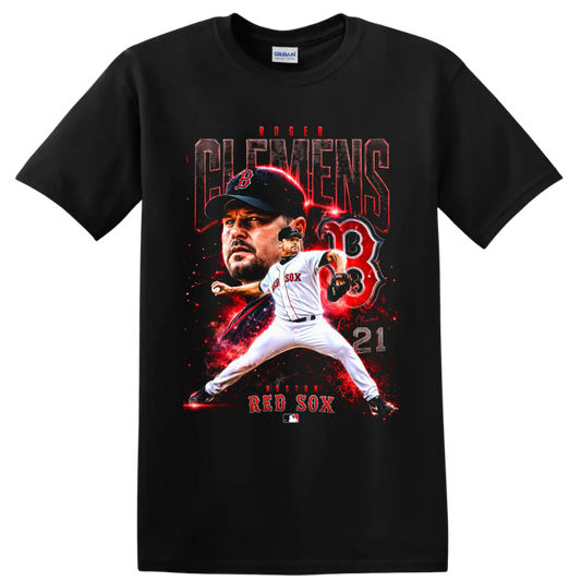 Roger Clemens Boston Red Sox pitcher collage with number 21 and red lightning on a Black T Shirt